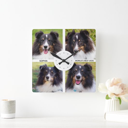 4つのカスタムペットの写真とカスタム文字 スクエア壁時計 (ホーム)