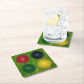 4つのクロケボール、4つの色、草の背景 スクエアペーパーコースター (インサイチュ)