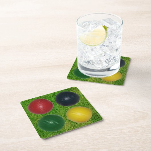 4つのクロケボール、4つの色、草の背景 スクエアペーパーコースター (インサイチュ)