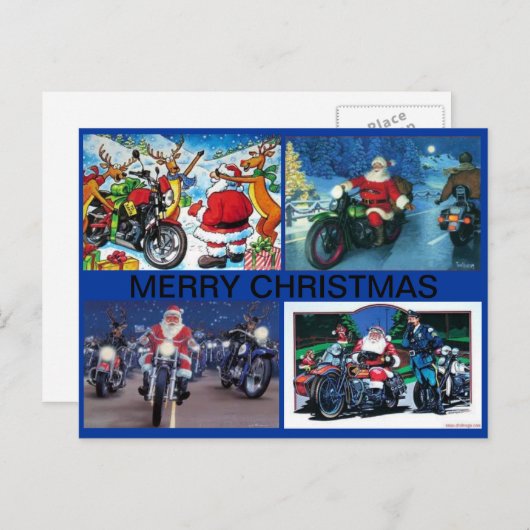 4つのサンタのオートバイ場面の郵便はがき シーズンポストカード (正面/裏面)