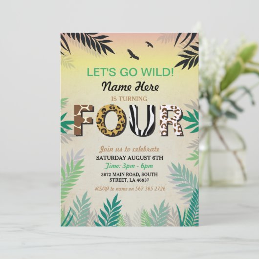 4つのジャングルの第4誕生会のサファリの動物園の招待 招待状 (スタンド正面)