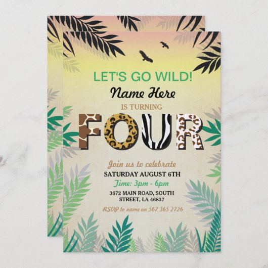 4つのジャングルの第4誕生会のサファリの動物園の招待 招待状 (正面/裏面)