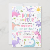 4つのピンクの恐竜に轟音4歳の誕生日パーティー 招待状 (正面)