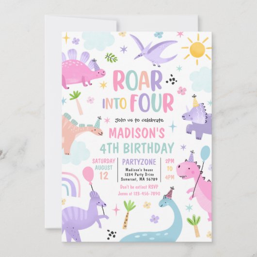 4つのピンクの恐竜に轟音4歳の誕生日パーティー 招待状 (正面)
