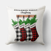 4つのプレイドパーソナライズされたクリスマスストッキングの家族 クッション (正面)