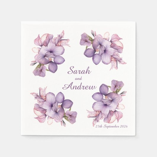 4つのライラの花：パーソナライズされた結婚のナプキン スタンダードカクテルナプキン (正面)