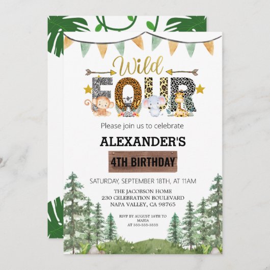 4つのワイルドバースデーパーティー 招待状 (正面/裏面)
