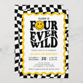 4つのワイルド | 波状スマイル顔少年4歳の誕生日 招待状 (正面/裏面)
