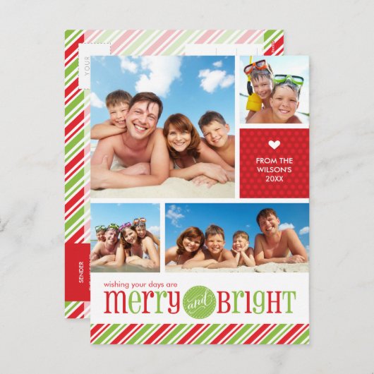 4つの写真のクリスマスの郵便はがき:: メリーで及び明るい3 シーズンポストカード (正面/裏面)