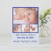 4つの写真のコラージュの青い縞-誕生の発表 案内状 (スタンド正面)