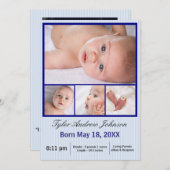 4つの写真のコラージュの青い縞-誕生の発表 案内状 (正面/裏面)