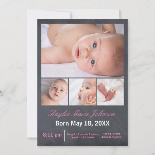 4つの写真のコラージュの黒板-誕生の発表 案内状 (正面)