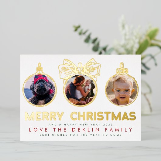 4つの写真オーナメントメリークリスマスハッピーニューイヤー 箔シーズンカード (立ち正面)