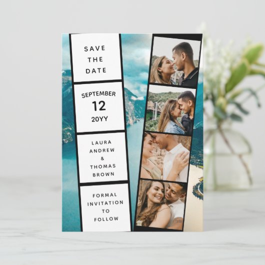 4つの写真コラージュインスパイアムービーの日付の保存 招待状 (スタンド正面)
