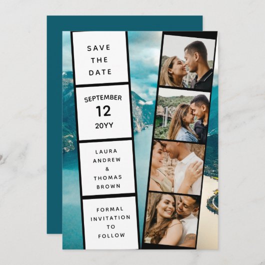 4つの写真コラージュインスパイアムービーの日付の保存 招待状 (正面/裏面)