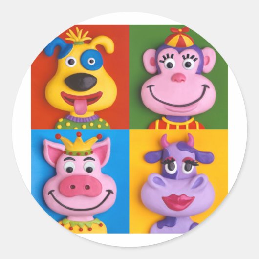 4つの動物の顔 ラウンドシール (正面)