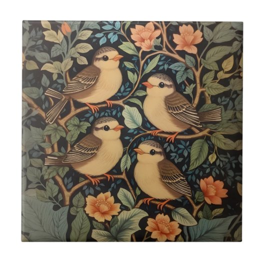 4つの可愛いベビーの鳥のインスパイア自然 タイル (正面)