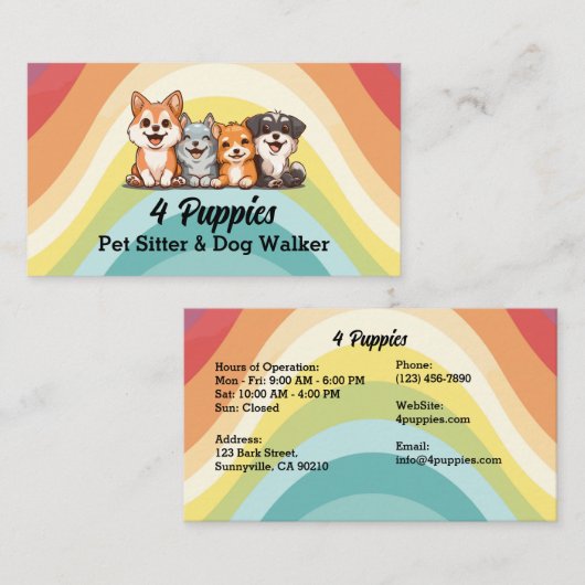 4つの可愛い子犬ペットシッターとドッグウォーカー 名刺 (正面/裏面)
