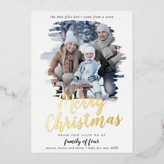 4つの妊娠写真のブラシ付きフォイル家族 箔シーズンカード (正面)