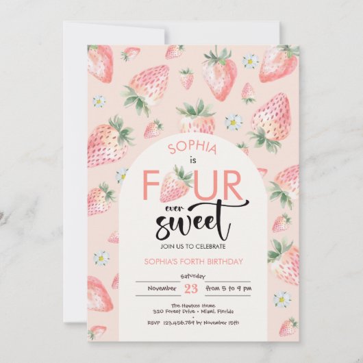 4つの常に甘いイチゴの子供の誕生日 招待状 (正面)