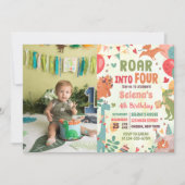 4つの恐竜に轟音4th誕生日パーティー写真 招待状 (正面)