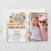 4つの恐竜にrawr 4thの誕生日パーティー写真 招待状 (正面)