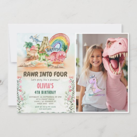 4つの恐竜にrawr 4thの誕生日パーティー写真 招待状 (正面)