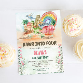 4つの恐竜にrawr 4thの誕生日パーティー 招待状