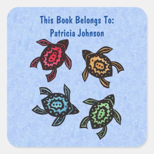 4つの抽象芸術ウミガメ複数の色のシェルブルー スクエアシール (正面)