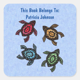 4つの抽象芸術ウミガメ複数の色のシェルブルー スクエアシール