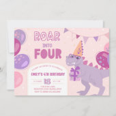 4つの招待状に咆哮しよう。恐竜の女の子の4歳の誕生日 招待状 (正面)