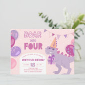 4つの招待状に咆哮しよう。恐竜の女の子の4歳の誕生日 招待状 (スタンド正面)