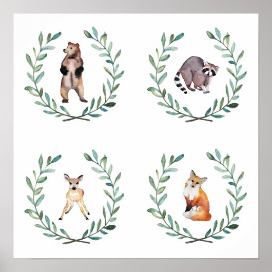 4つの森の動物とリースのポスター ポスター (正面)