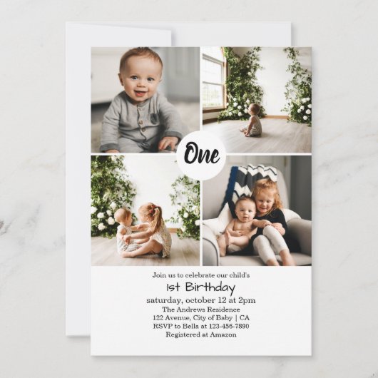 4つの正方形の写真コラージュ1番目の誕生日招待状 招待状 (正面)