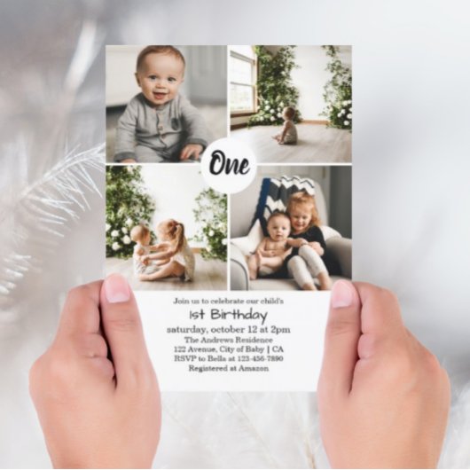 4つの正方形の写真コラージュ1番目の誕生日招待状 招待状