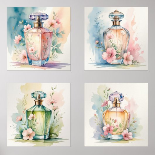 4つの水色のスタイル香水ボトルプリントのセット (正面)