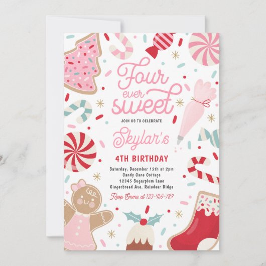 4つの永遠に甘いクリスマスクッキー誕生日パーティー 招待状 (正面)