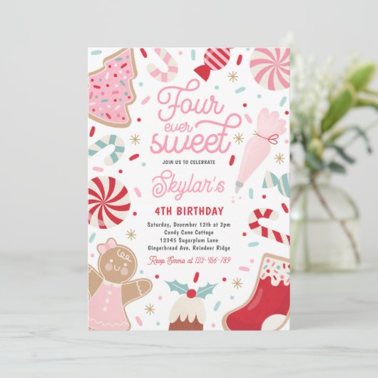 4つの永遠に甘いクリスマスクッキー誕生日パーティー 招待状 (スタンド正面)