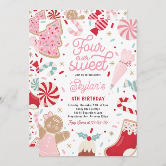4つの永遠に甘いクリスマスクッキー誕生日パーティー 招待状 (正面/裏面)
