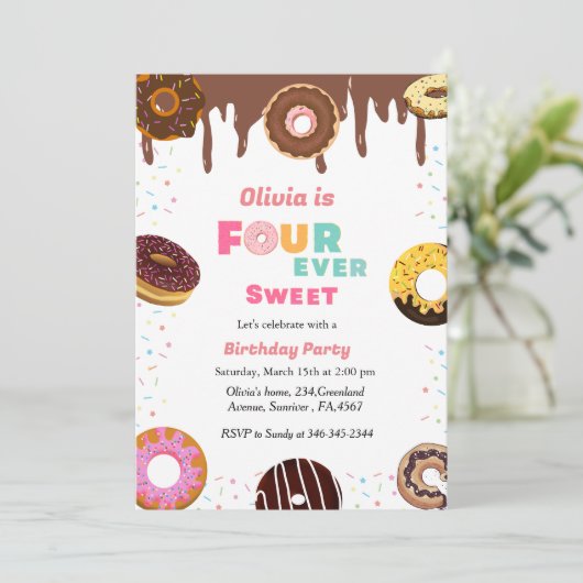 4つの永遠に甘い誕生日、甘い4番目のドーナツテーマ 招待状 (スタンド正面)