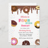 4つの永遠に甘い誕生日、甘い4番目のドーナツテーマ 招待状 (正面/裏面)