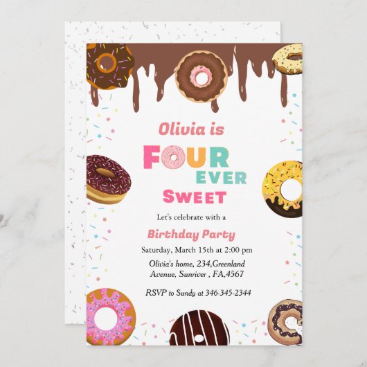 4つの永遠に甘い誕生日、甘い4番目のドーナツテーマ 招待状 (正面/裏面)