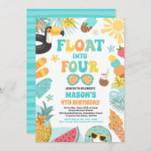 4つの熱帯ビーチに浮かぶ4歳の誕生日パーティー 招待状 (正面/裏面)