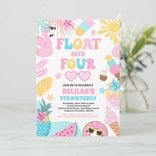 4つの熱帯ビーチに浮かぶ4歳の誕生日パーティー 招待状 (スタンド正面)