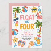4つの熱帯4歳の誕生日に浮かぶパーティー 招待状 (正面/裏面)