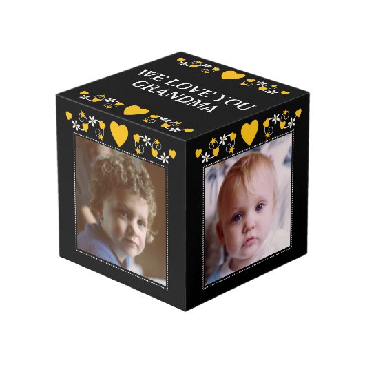 4つの画像を追加する私たちはあなたのおばあちゃんの黒い黄色が大好き フォトキューブ (正面アングル)