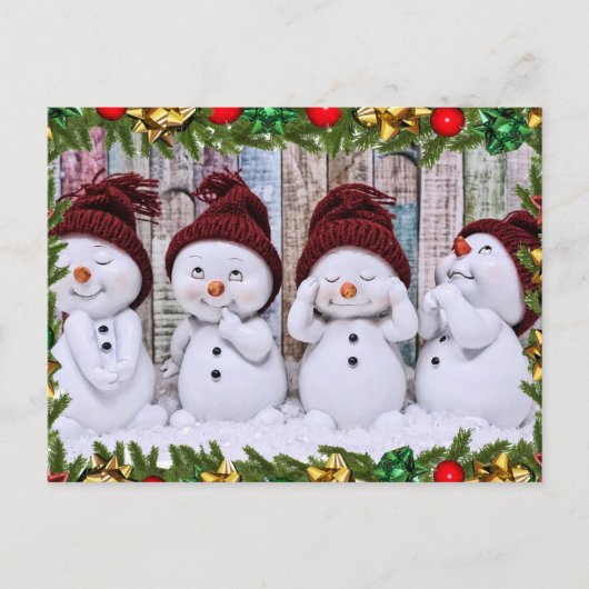 4つの笑顔のおもちゃ雪だるま ポストカード (正面)