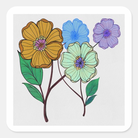 4つの花の可愛らしいイラスト スクエアシール (正面)