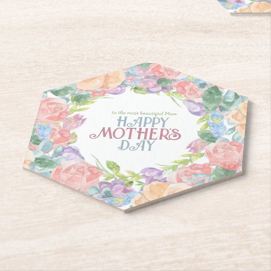 4つの花をパーソナライズ水彩母の日 ペーパーコースター (アングル)