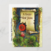 4つの葉のクローバーとの新年 シーズンポストカード (正面/裏面)